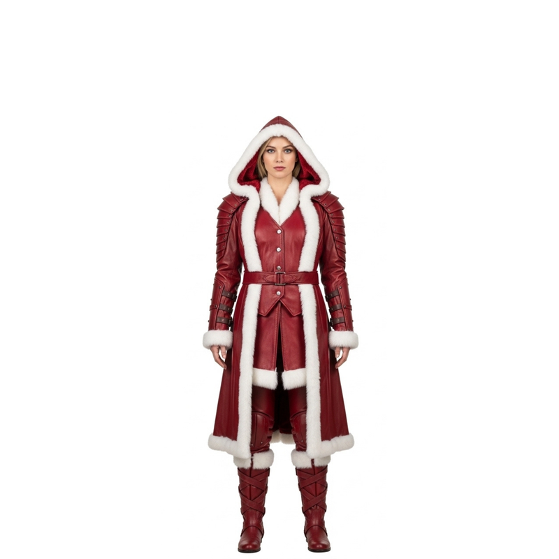 Leather Hooded Coat with White Fur Trim for Women - Fantasy LARP Outfit - Christmas Festival Costume buy At Creedleather.com
