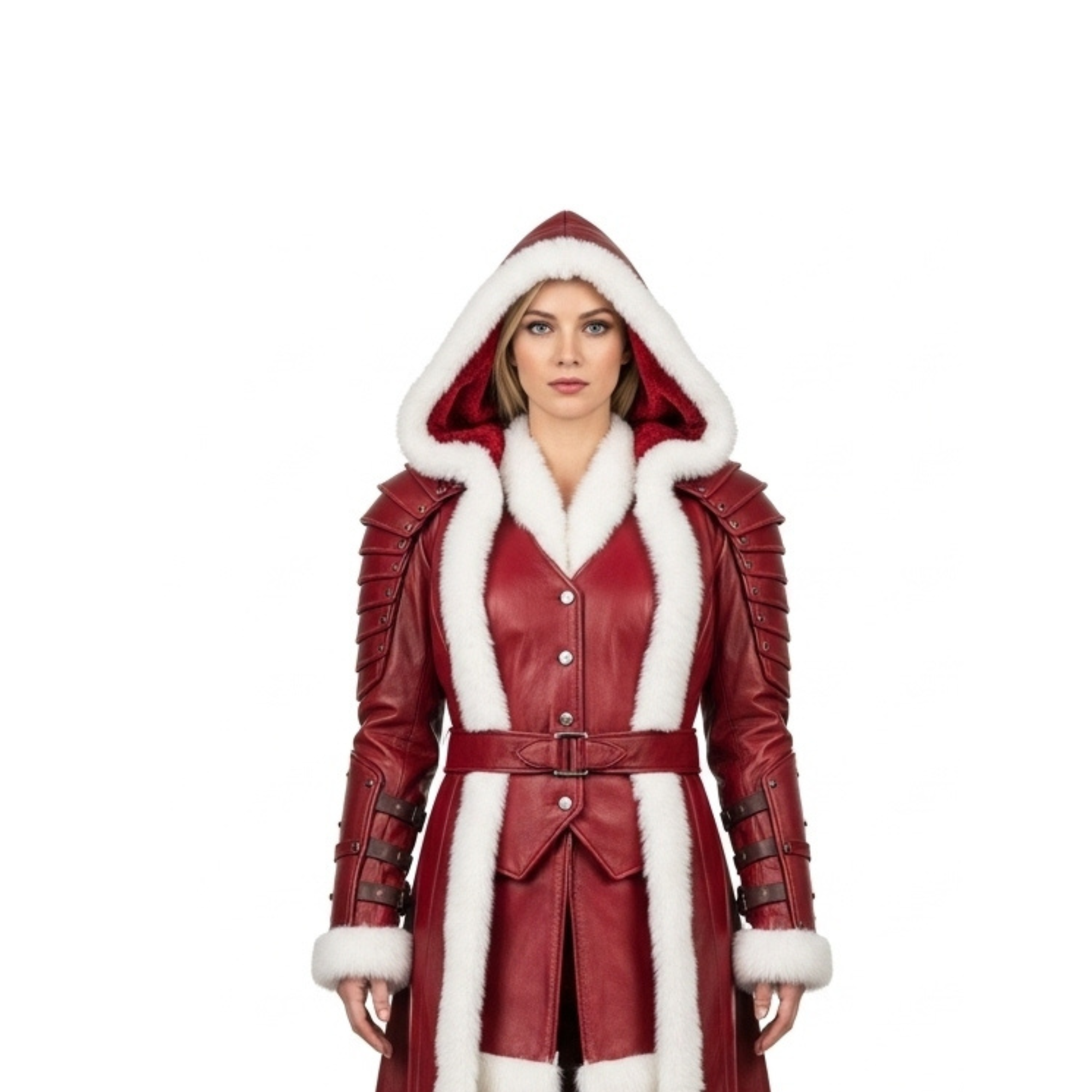 Leather Hooded Coat with White Fur Trim for Women - Fantasy LARP Outfit - Renaissance Festival Costume