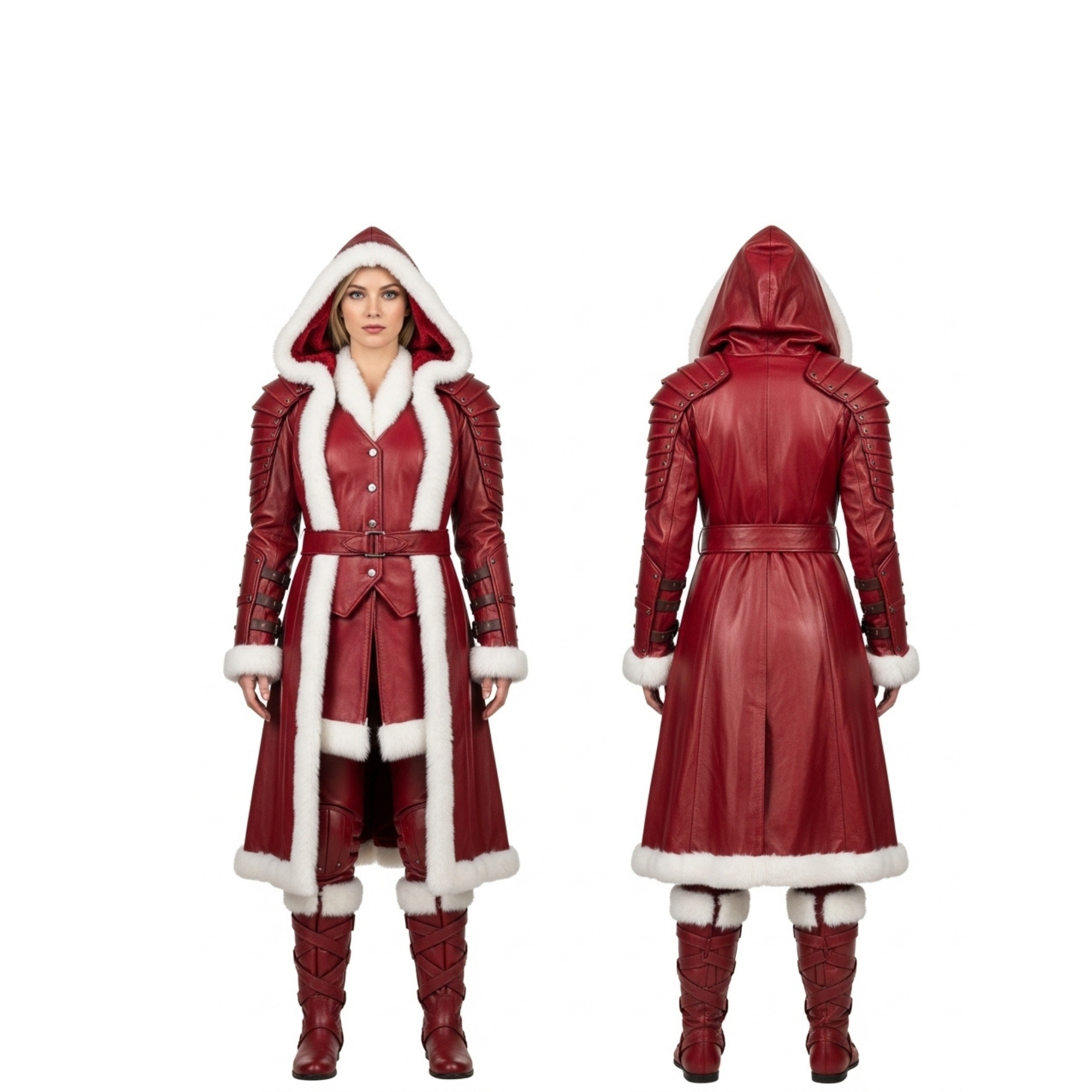 Leather Hooded Coat with White Fur Trim for Women - Fantasy LARP Outfit - Renaissance Festival Costume