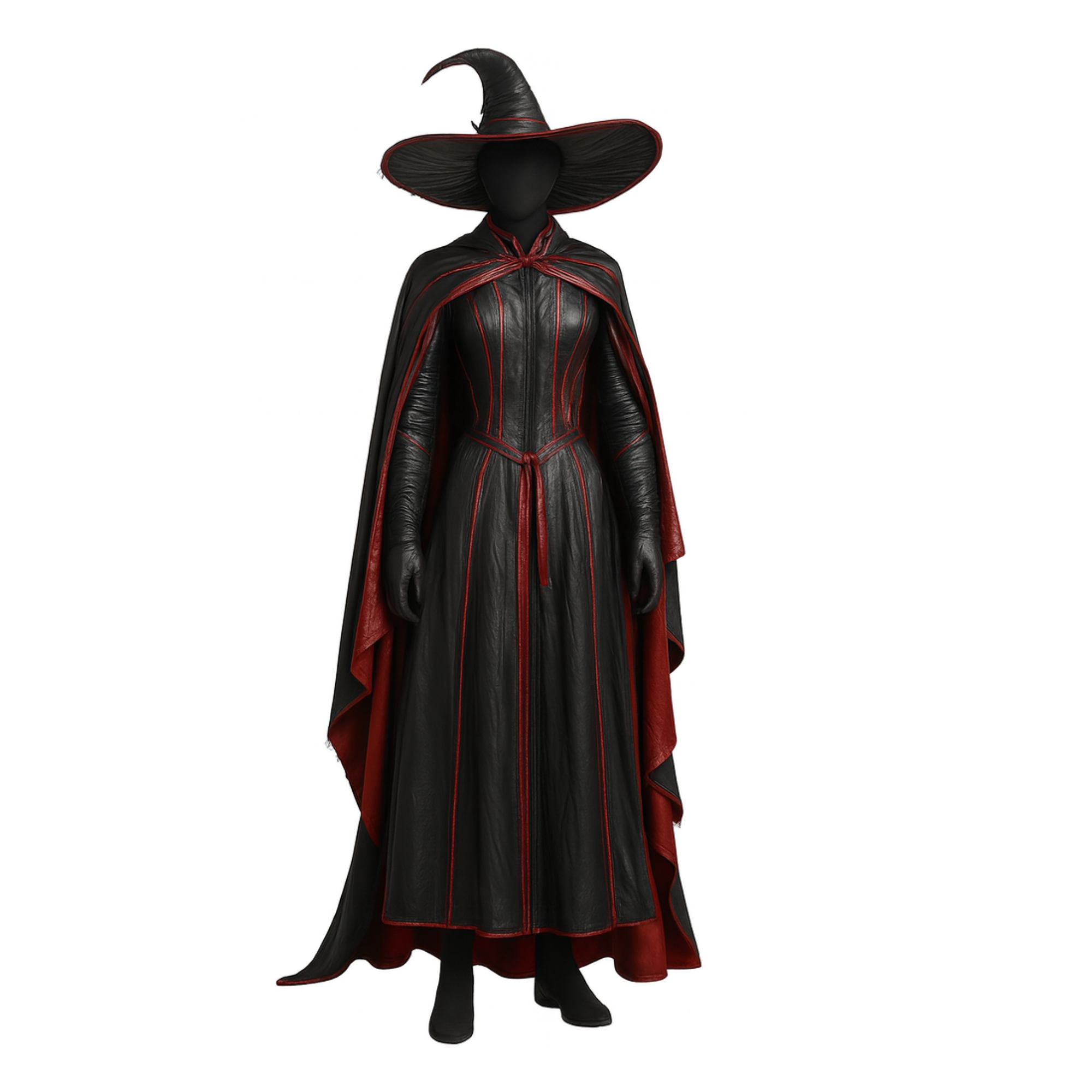 Handmade Black and Red Leather Witch Cloak with Hat – Gothic Halloween Outfit