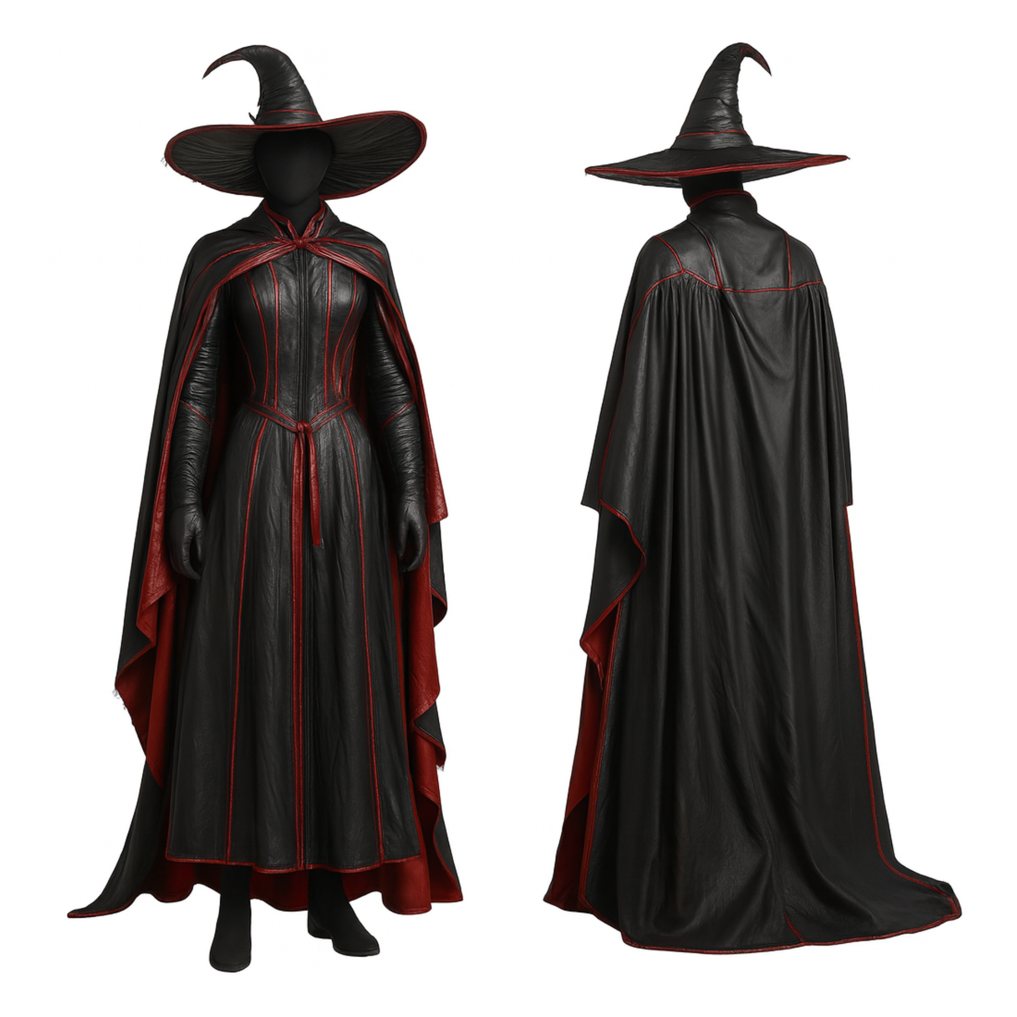 Handmade Black and Red Leather Witch Cloak with Hat – Gothic Halloween Outfit