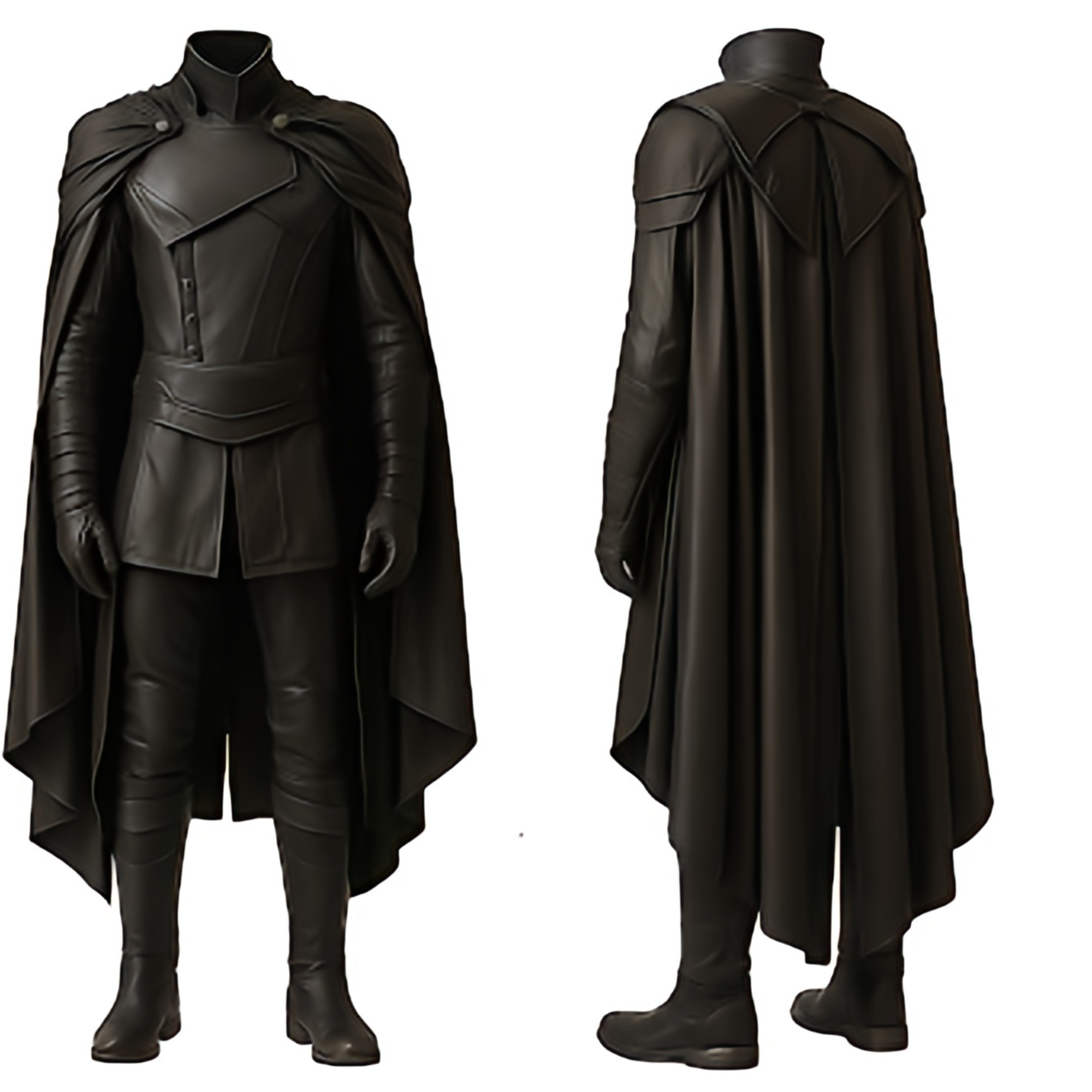 Front and Back View of Dark Knight Cosplay Armor – Full Body Gothic Leather Costume for Men with Cape, Gloves, and Fantasy Warrior Details, Movie-Quality Gothic Warrior Armor for Cosplay, Renaissance Fair, and Halloween Events. - creed leather