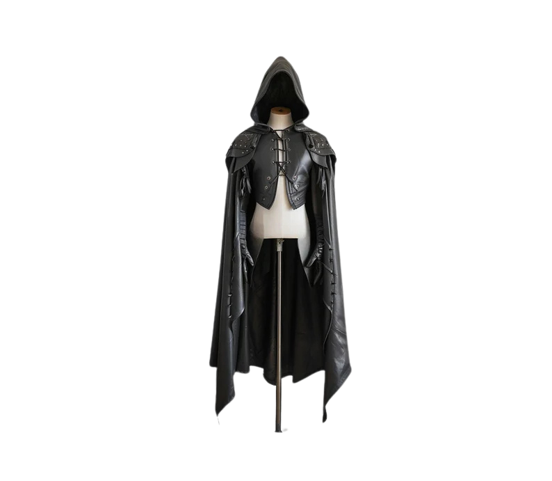 black leather gothic assassin cloak cosplay costume for larp clothing or outfit - creed leather