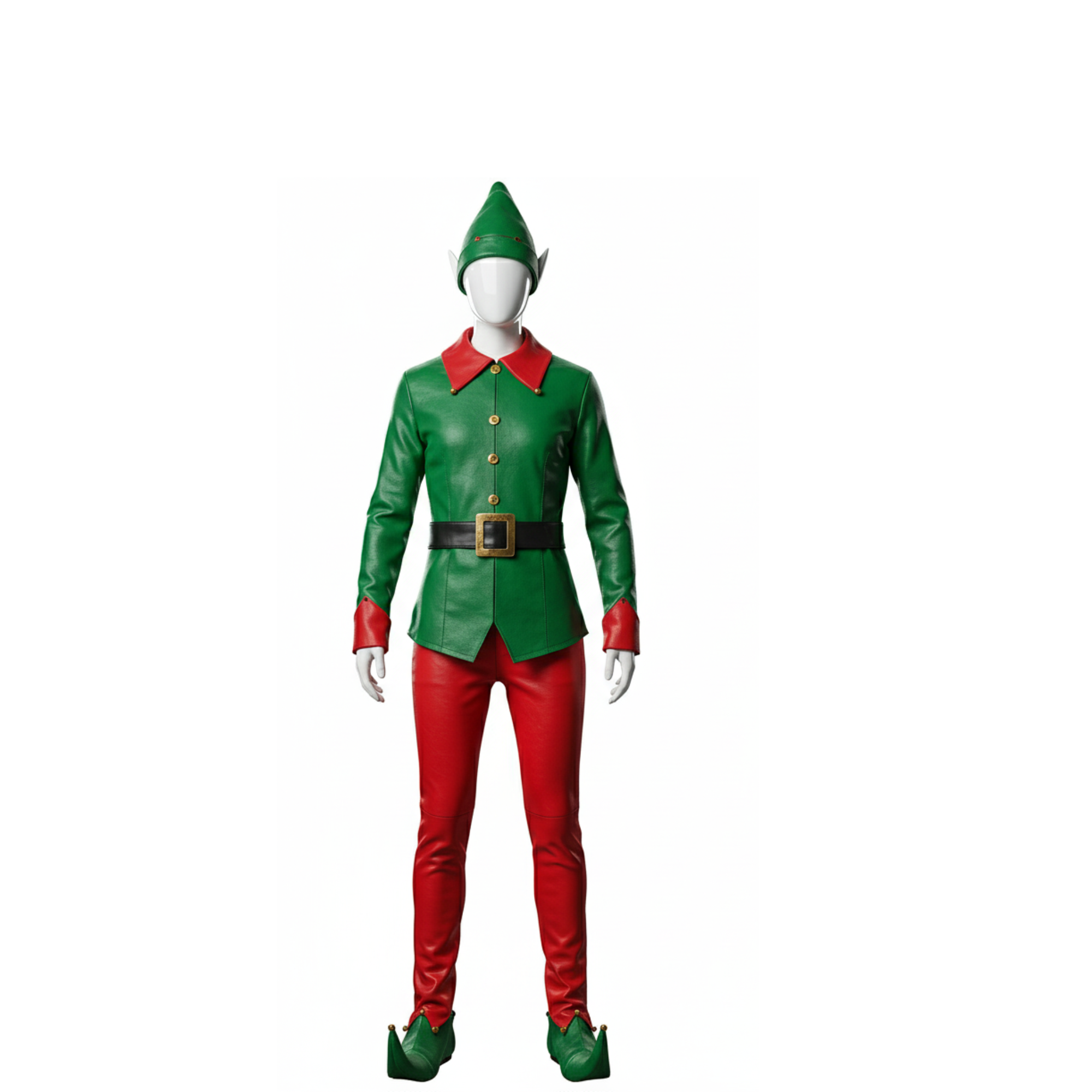 Deluxe Christmas Elf Leather Outfit – Green & Red Cosplay Tunic & Pants - Santa’s Helper Costume for Holiday Fun