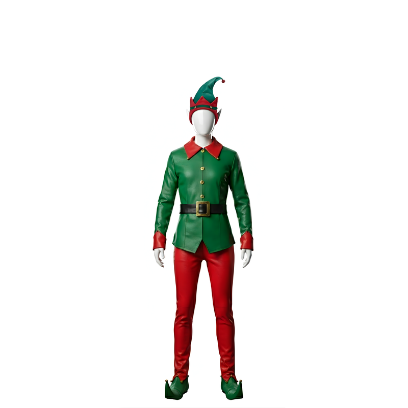 Deluxe Leather Christmas Elf Costume – Green & Red Holiday Outfit - Creedleather.com elf costume for sale