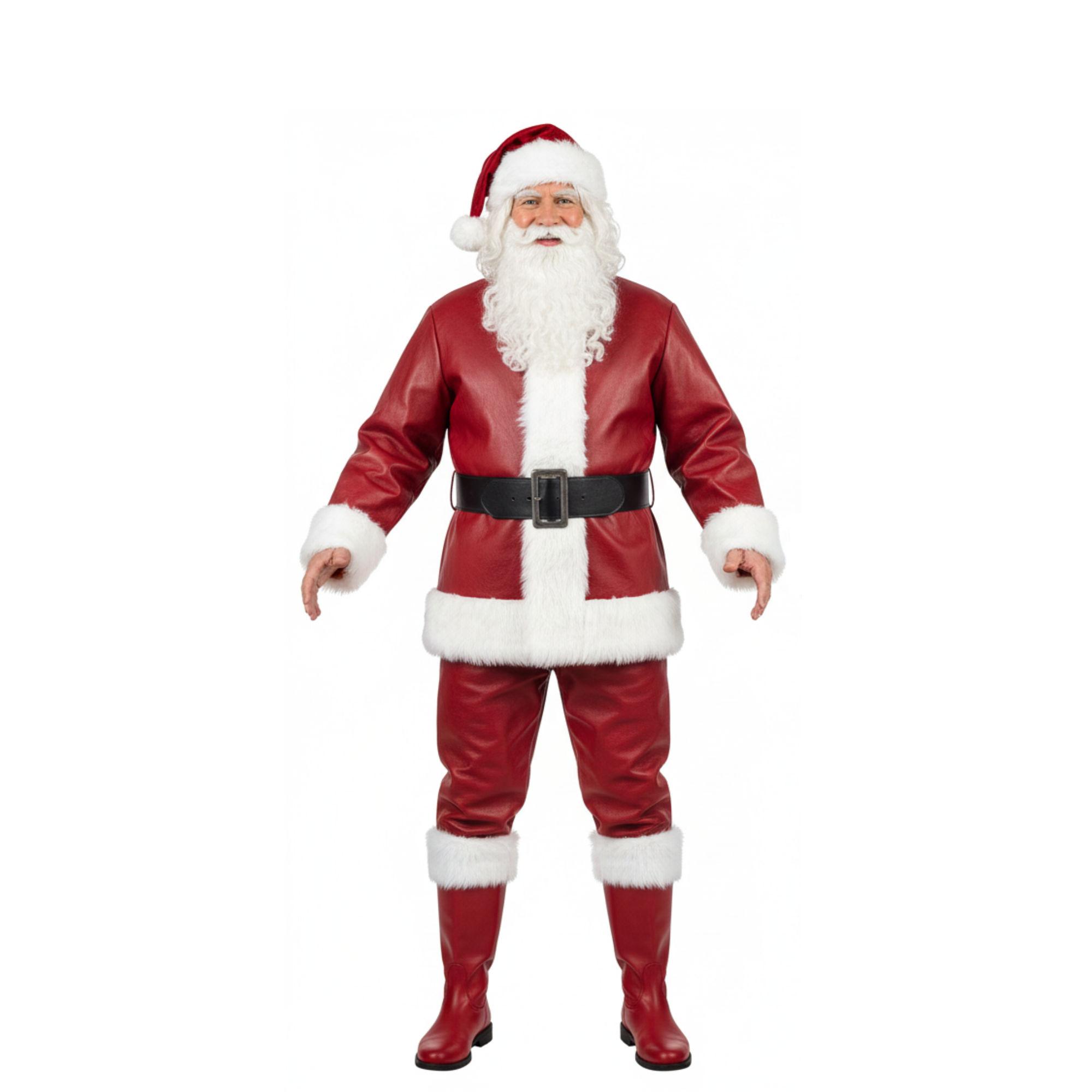 Deluxe Santa Claus Red Leather Costume: Fur Trim Coat, Pants & Cap