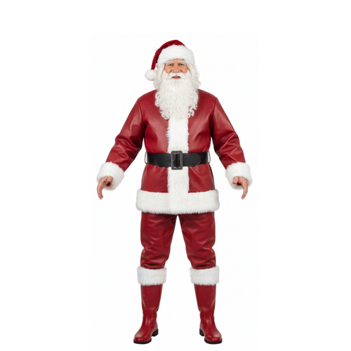classic Santa Claus Red and wite Leather Costume: Fur Trim. buy santa costumes for christmas
