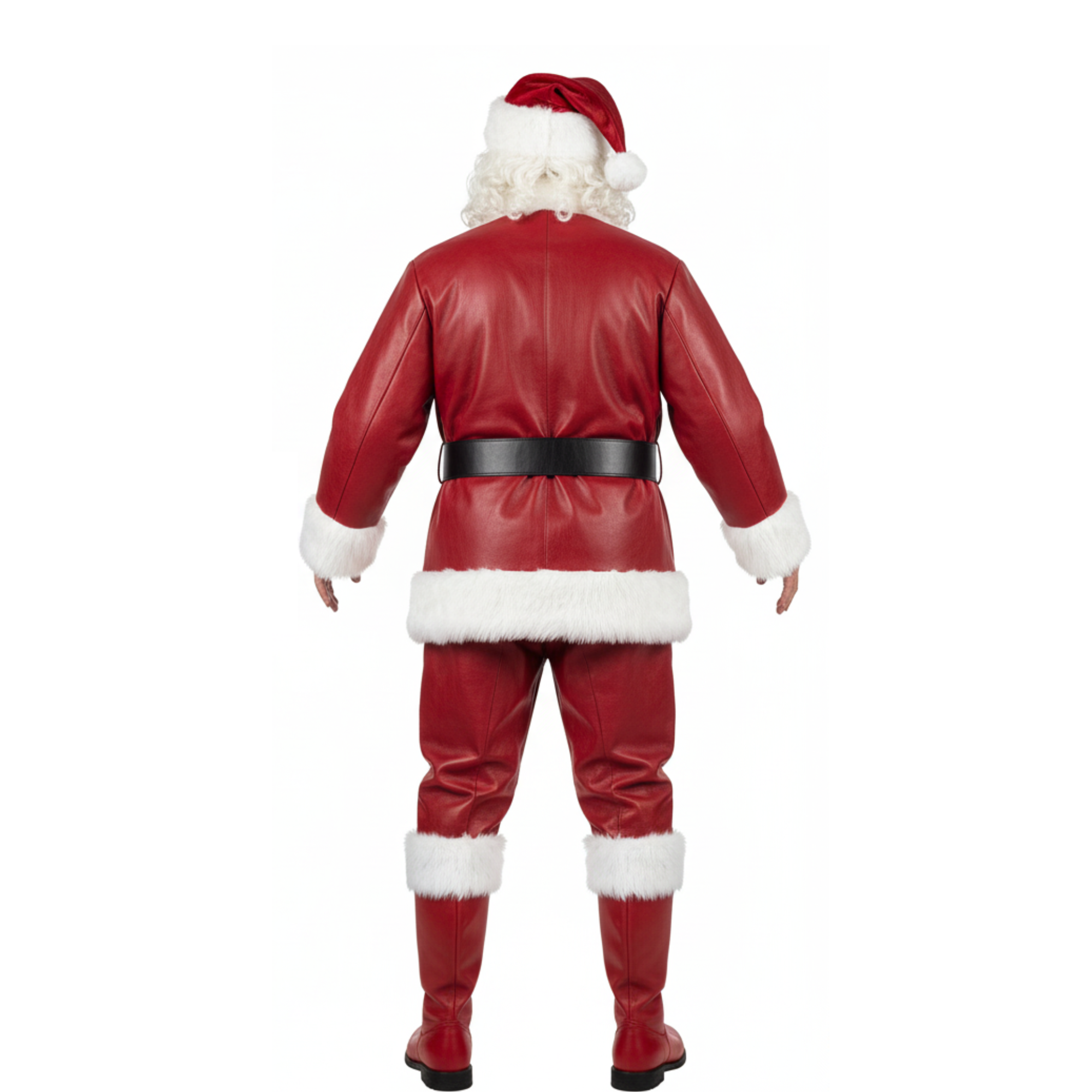 Deluxe Santa Claus Red Leather Costume: Fur Trim Coat, Pants & Cap