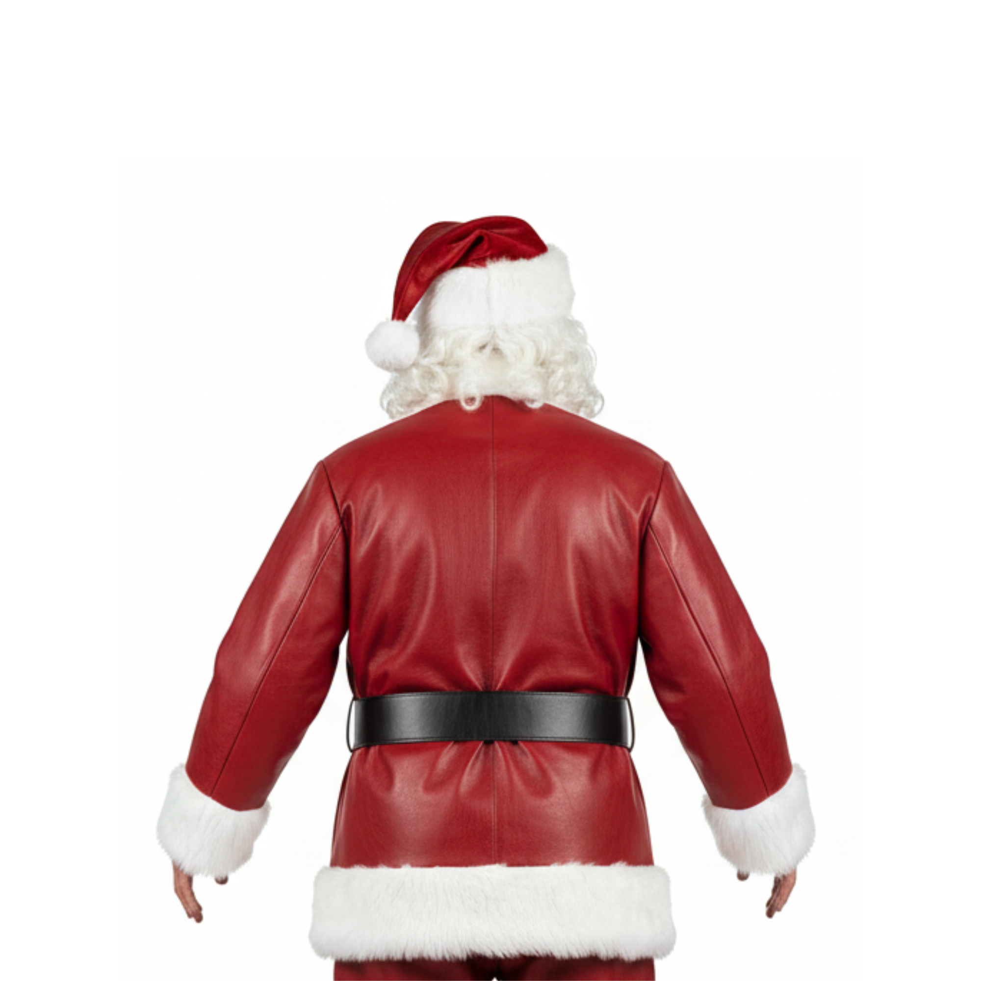 Deluxe Santa Claus Red Leather Costume: Fur Trim Coat, Pants & Cap