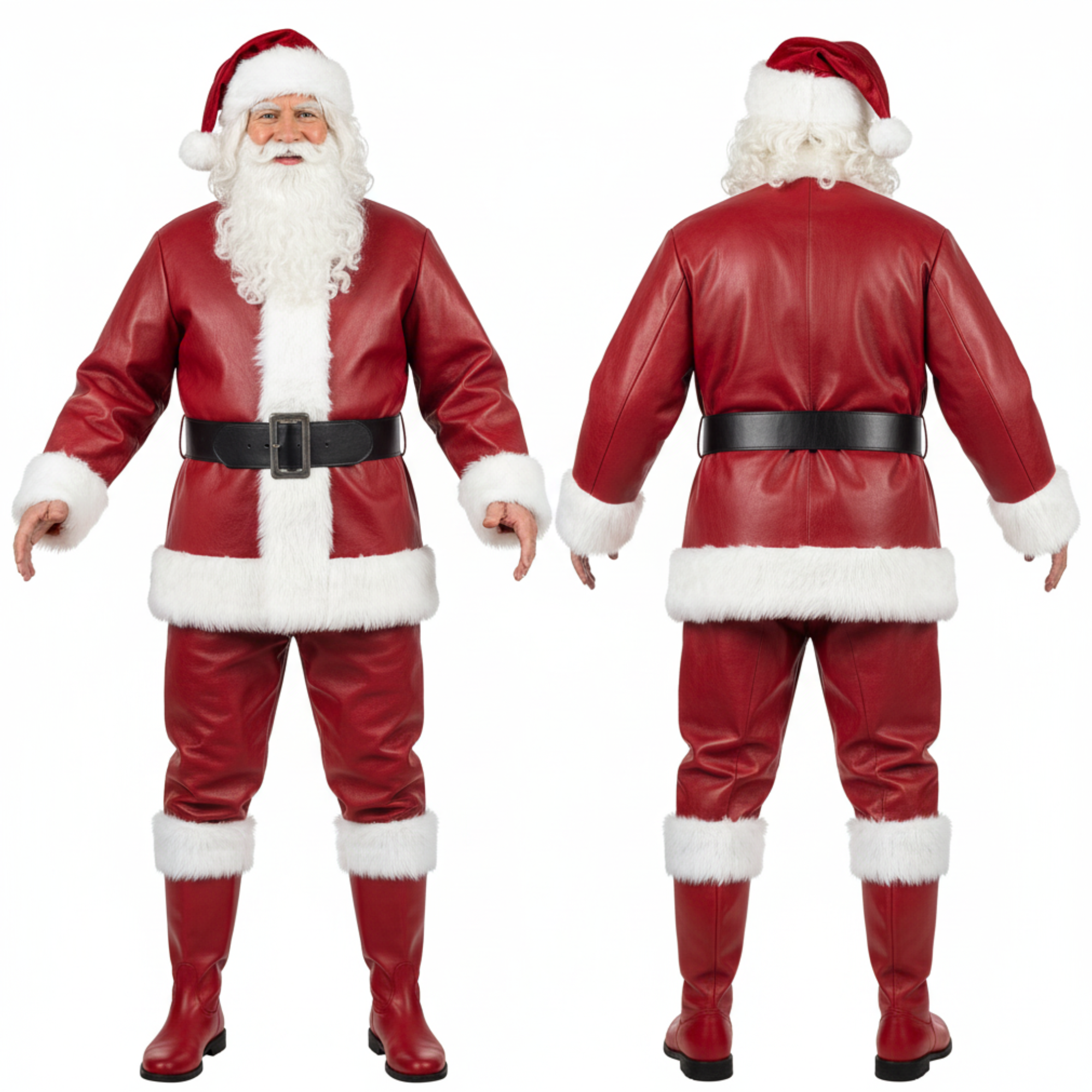 Deluxe Santa Claus Red Leather Costume: Fur Trim Coat, Pants & Cap
