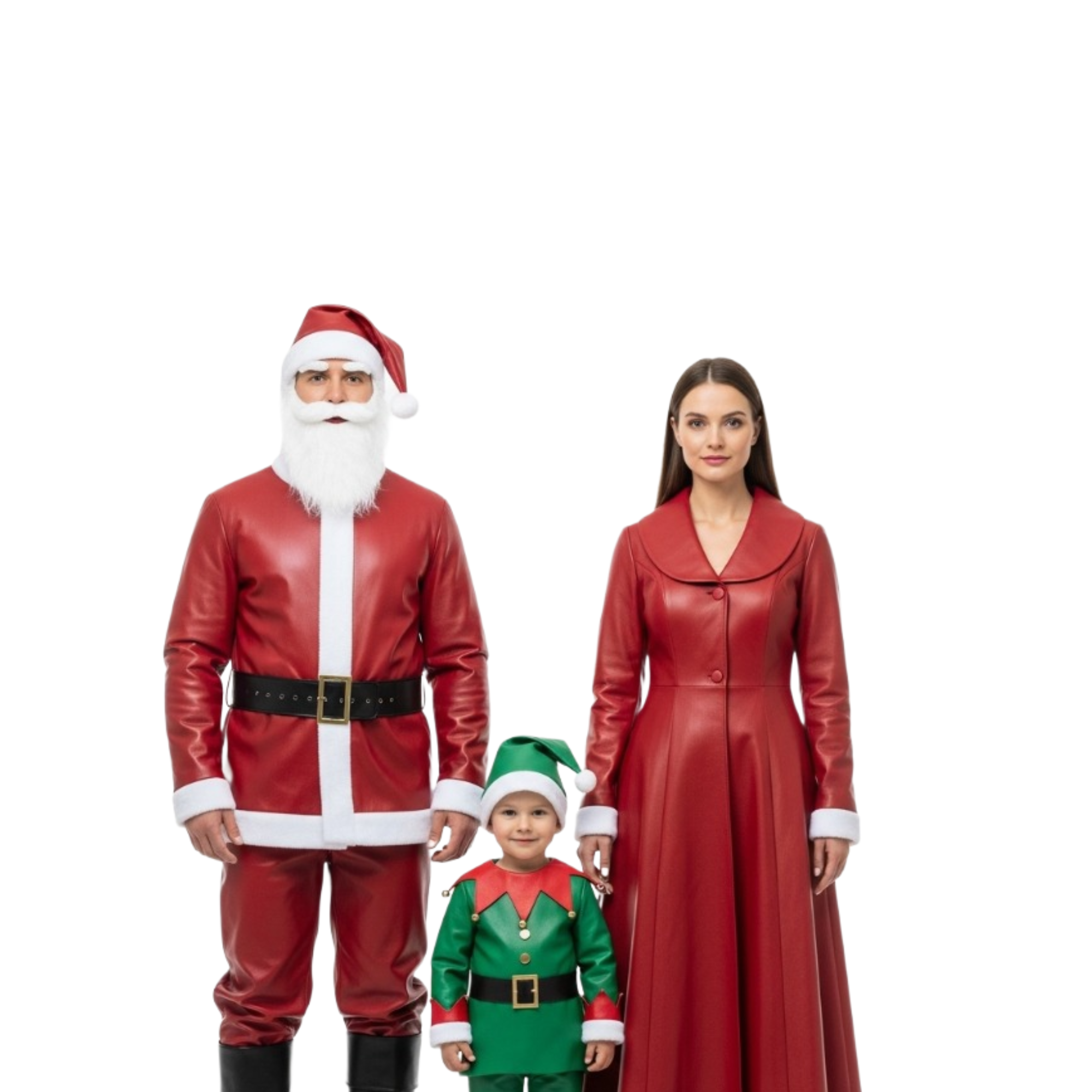 Family Christmas Leather Costume Set – Santa Claus, Mrs. Claus & Elf Outfits - Holiday Party Matching Family Cosplay