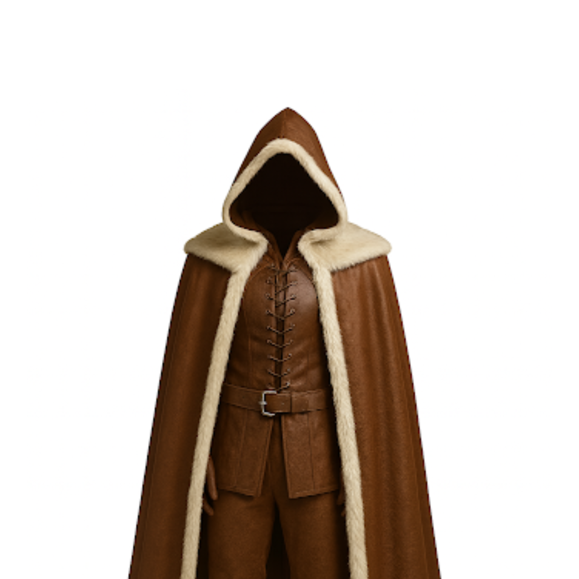 Frostland Tracker Fur Cloak Costume Set - Brown Medieval Hooded Cloak - Leather Medieval Cloak with Vest For Cosplay - LARP & Cosplay Outfit