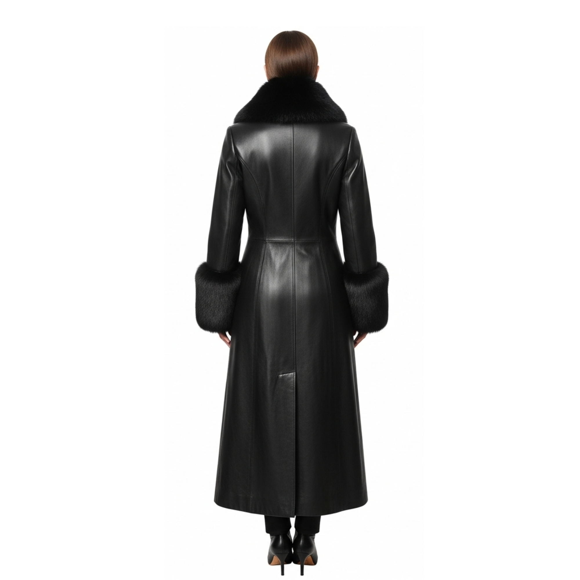 Fur Trim Black Leather Coat - Full Length Gothic Winter Outerwear