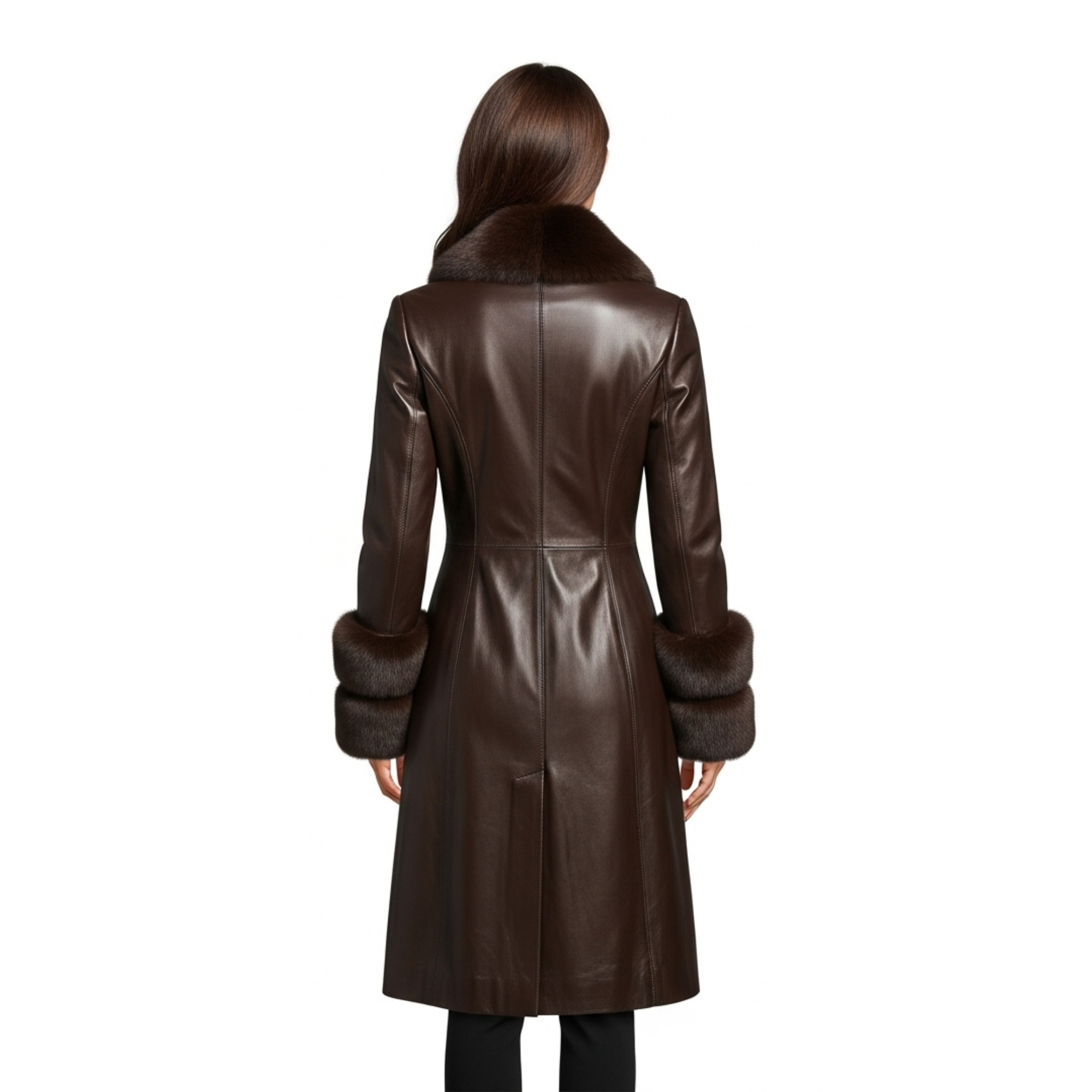 Handmade Brown Leather Long Coat – Fur Collar & Cuffs, Winter Outerwear