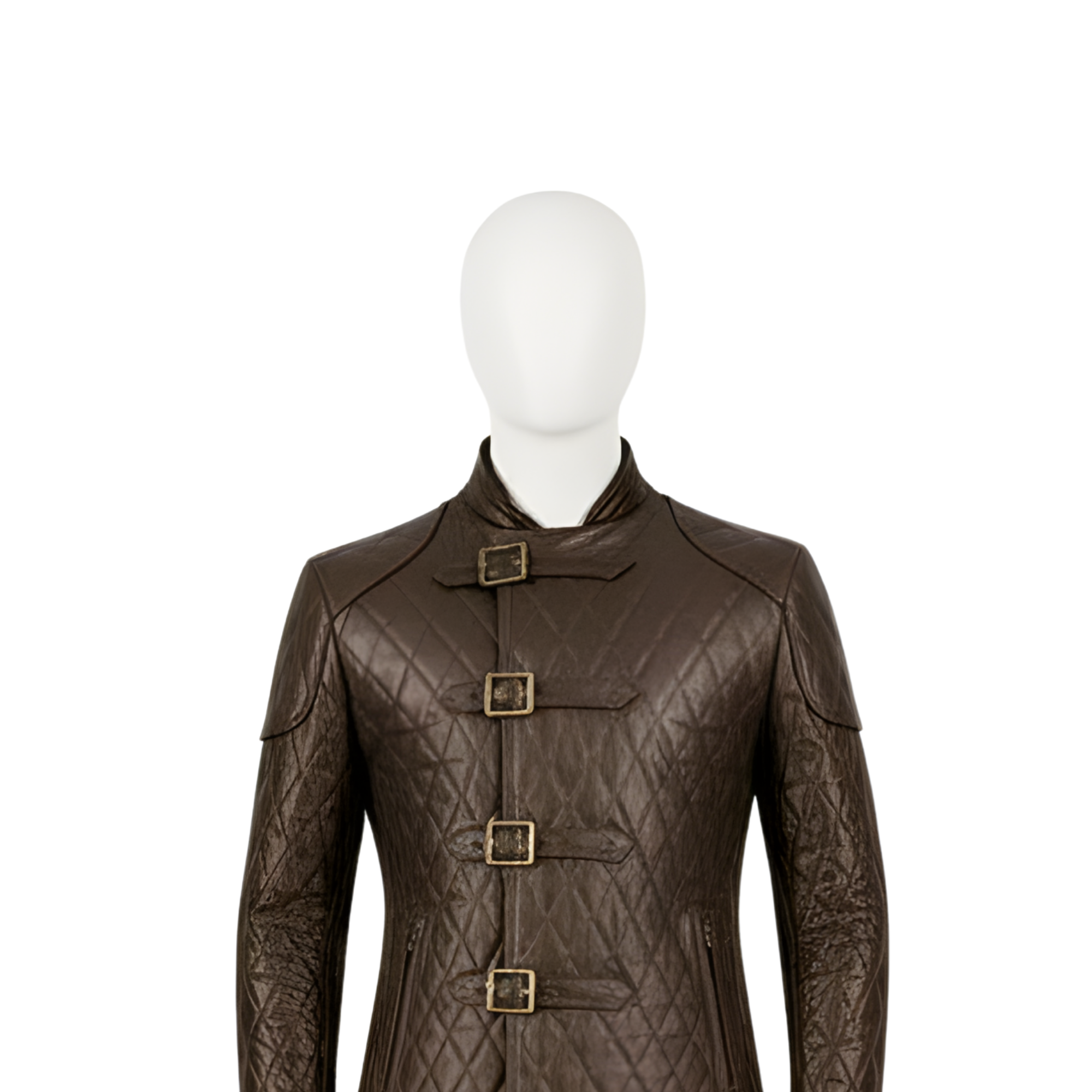 Front view of handmade brown quilted leather jerkin with matching leather pants, medieval Renaissance LARP outfit with diamond quilting, structured fit, high collar, and brass buckle closures. - Creed Leather