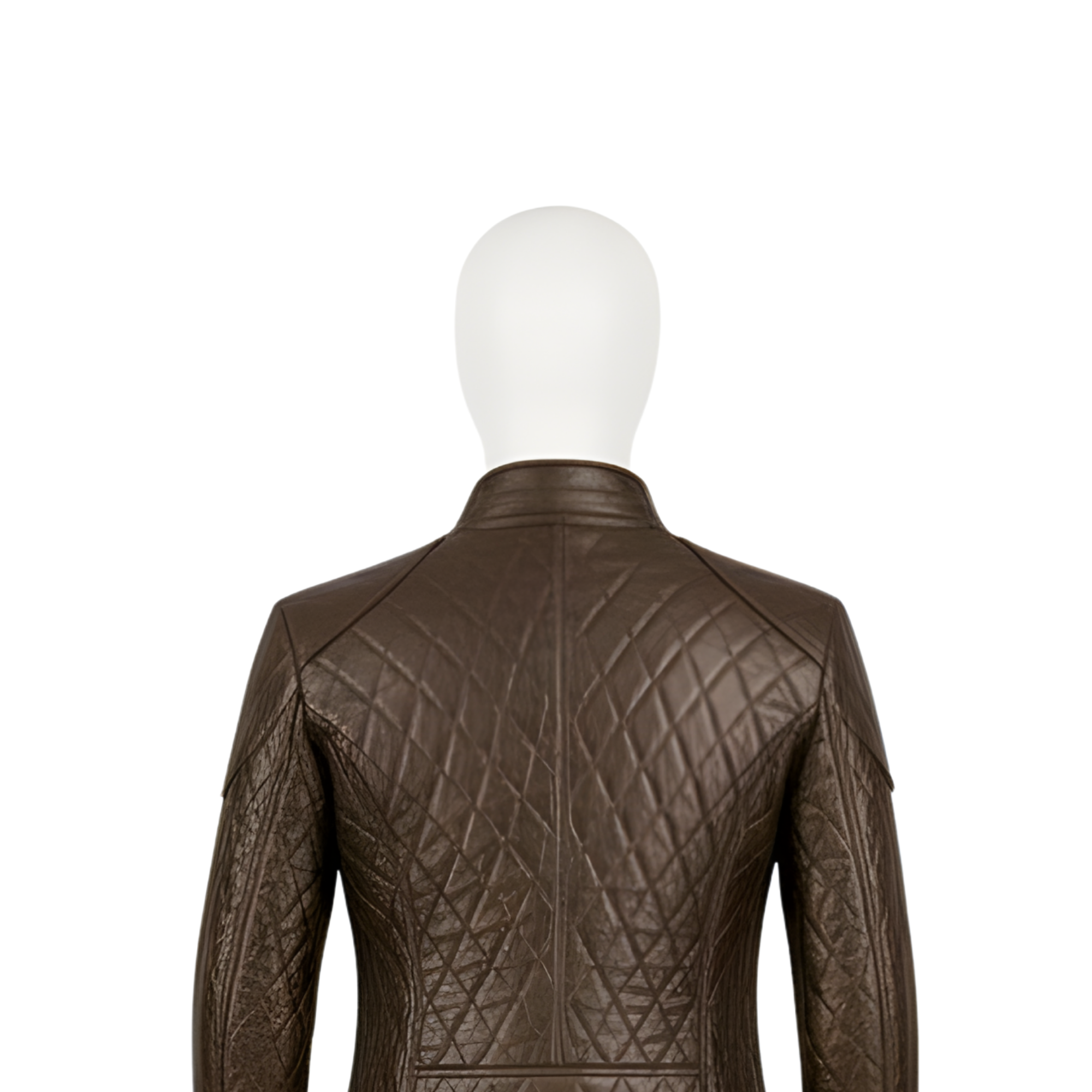 Close-up back view of brown quilted leather Renaissance jerkin and pants highlighting detailed diamond-quilted stitching, premium leather craftsmanship, and historical LARP costume design. - Creed Leather