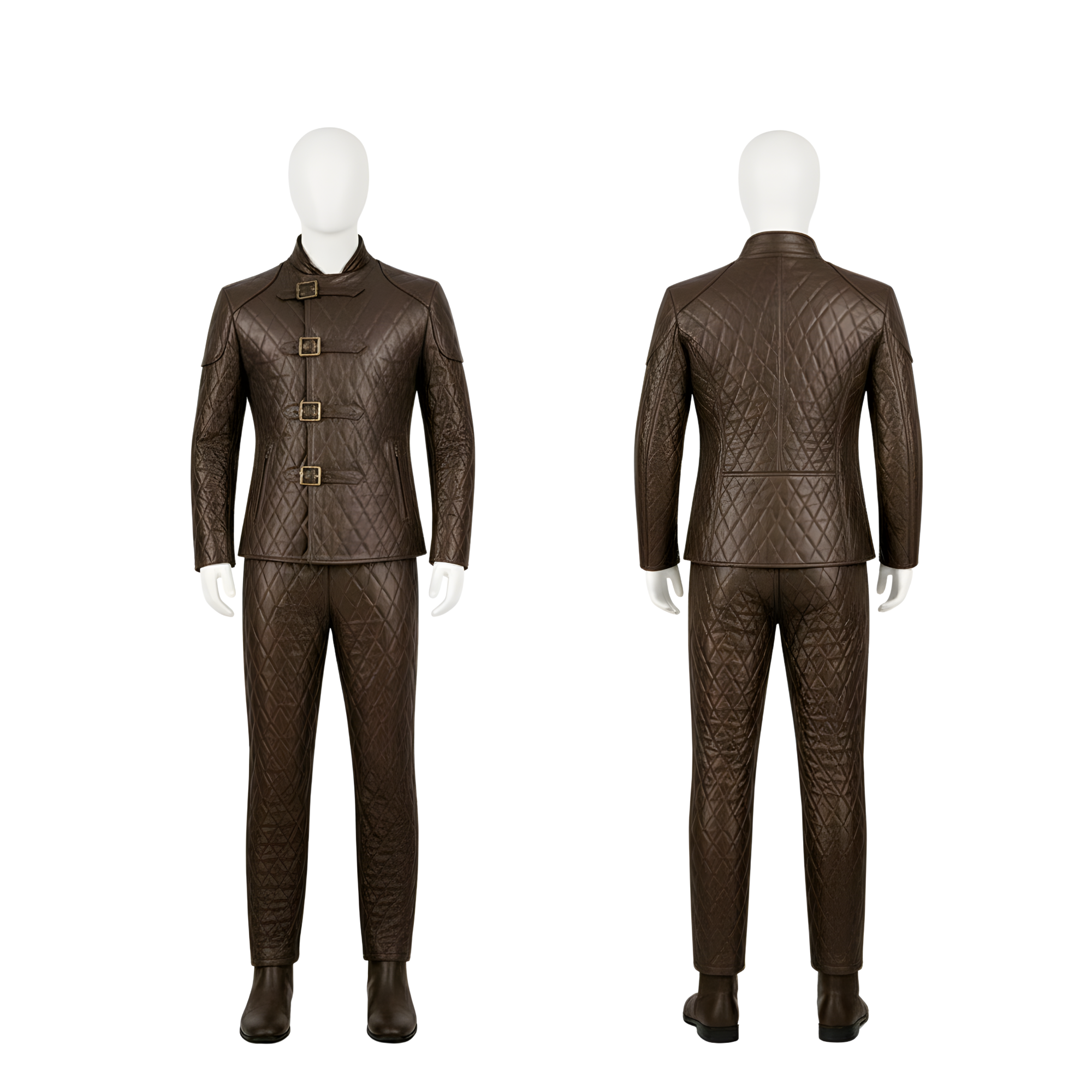 Front and back combined view of handmade brown quilted leather jerkin with matching pants, medieval Renaissance LARP leather outfit featuring diamond-stitched panels, buckle closures, and fitted historical design. - Creed Leather