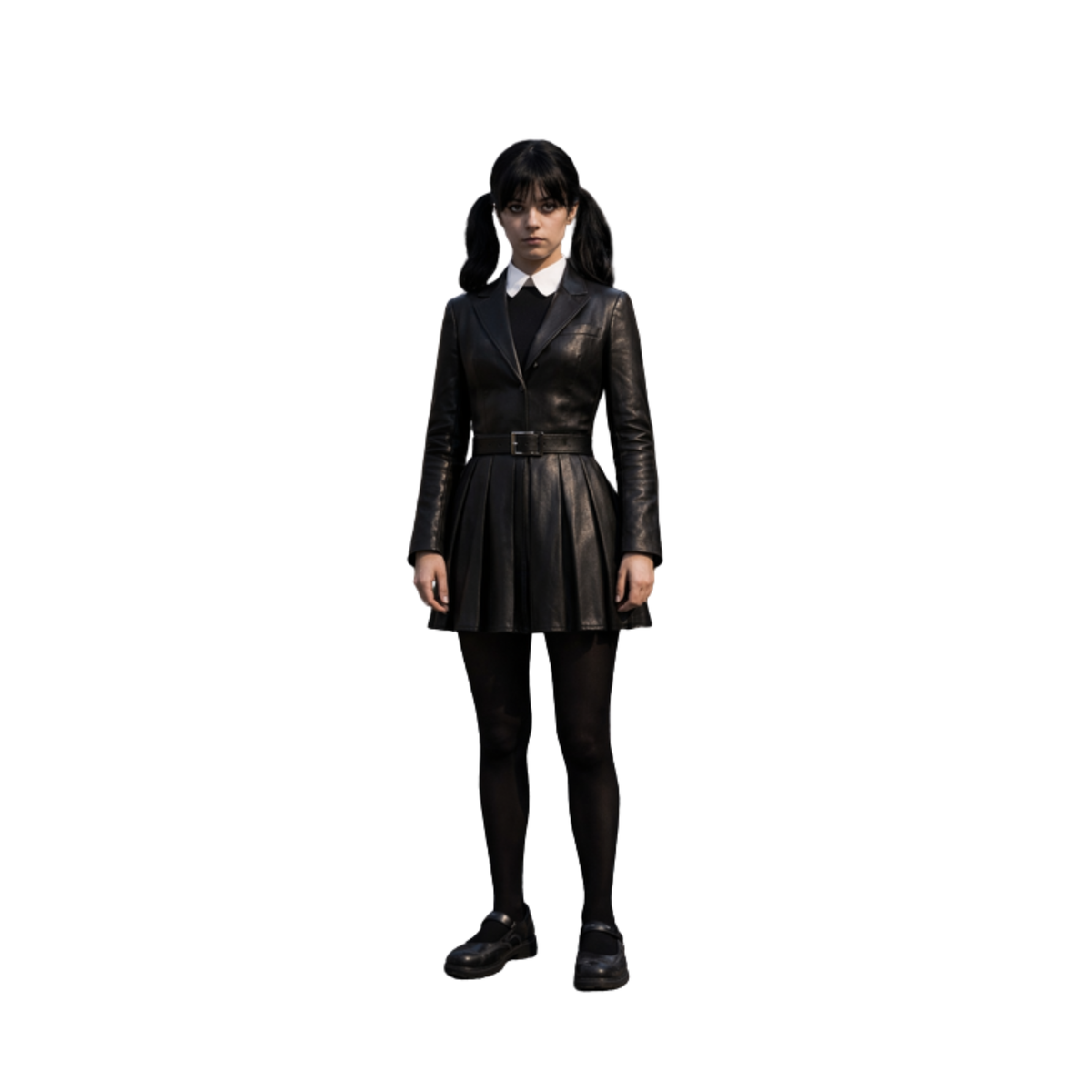 Handmade Gothic Leather Dress  Wednesday-Inspired School Style Black Outfit for Halloween & Gothic Cosplay L