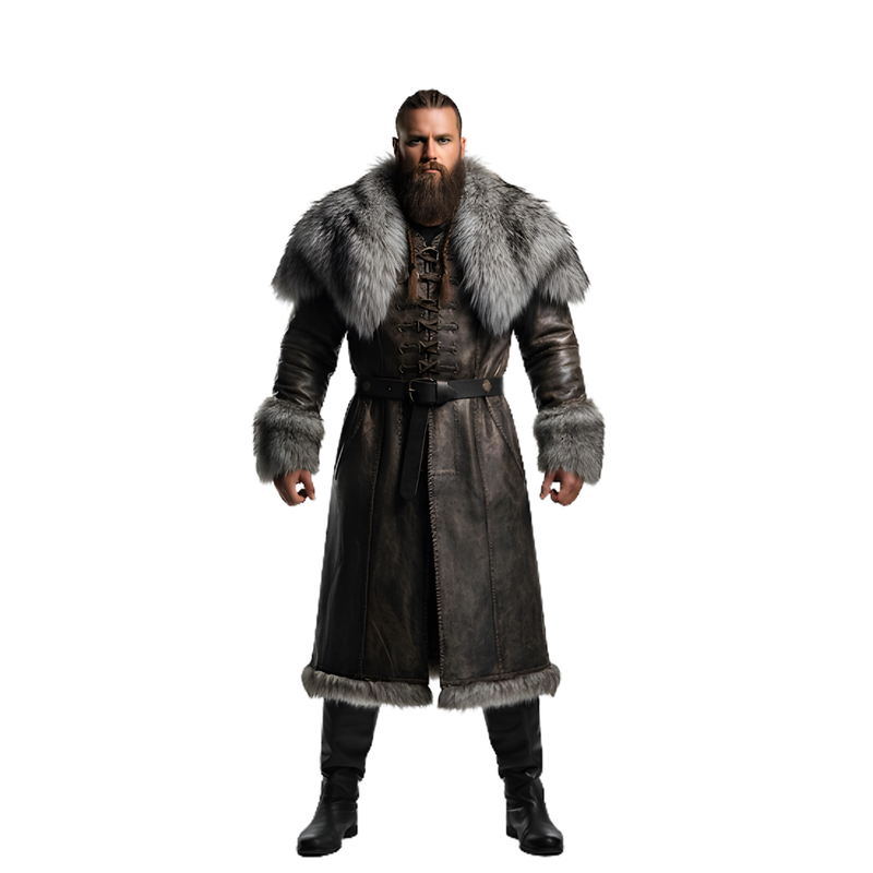 Men’s Viking leather fur long coat costume with gray fur collar, belted black leather design, Norse warrior cosplay outfit for Halloween, conventions, and medieval events. Men’s Viking leather fur long coat costume with gray fur collar, belted black leather design, Norse warrior cosplay outfit for Halloween, conventions, and medieval events.