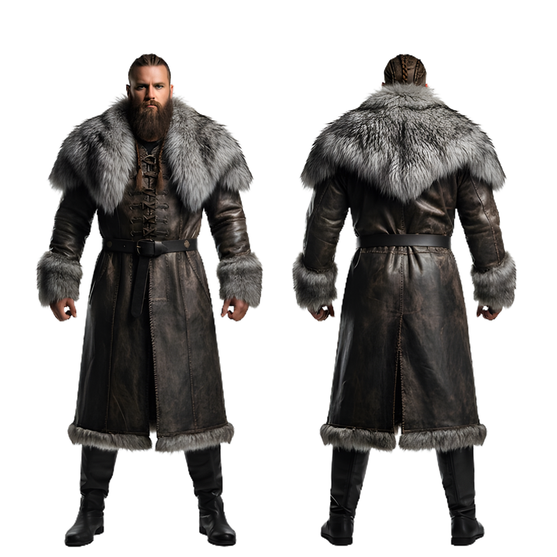 Front and back view of men’s Viking leather fur long coat costume with gray fur collar, belted black leather design, Norse warrior cosplay outfit for Halloween, conventions, and medieval events. Front and back view of men’s Viking leather fur long coat costume with gray fur collar, belted black leather design, Norse warrior cosplay outfit for Halloween, conventions, and medieval events.