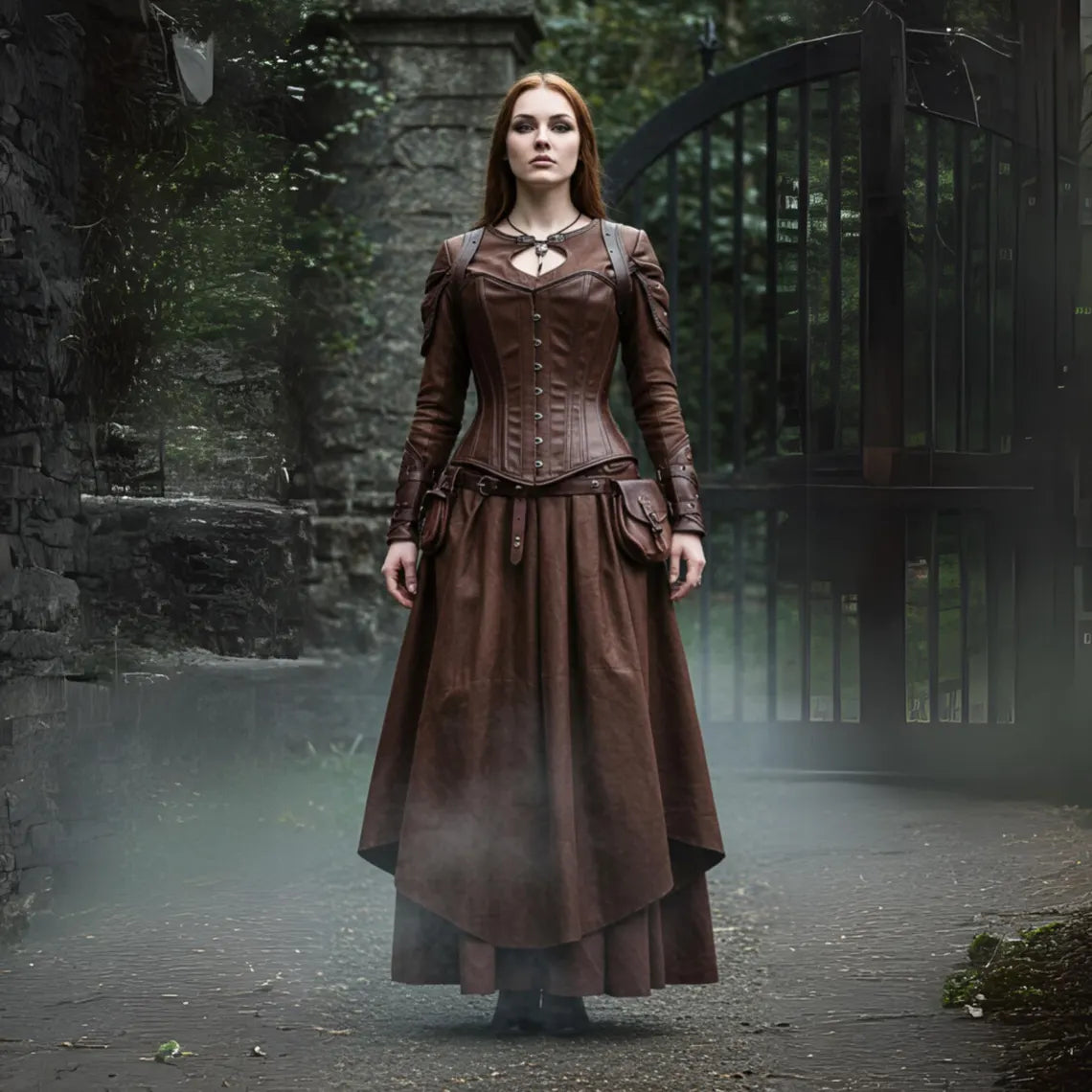 The Huntress of Thornevale - Handcrafted Medieval Dress - Women Renaissance Outfit - Brown Leather Corset and Skirt , LARP Cosplay - Viking Woman Costume