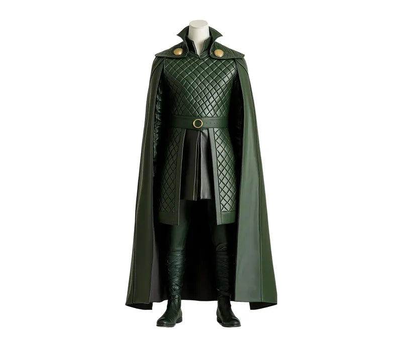 The Trickster King - Genuine Green Leather Loki Odin Cosplay Costume - Leather Superhero Quilted Cloak With Vest - Festival Leather Outfit - Halloween Costume