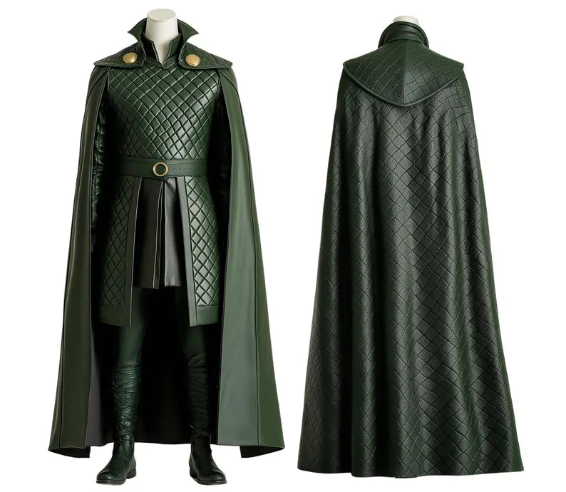 The Trickster King - Genuine Green Leather Loki Odin Cosplay Costume - Leather Superhero Quilted Cloak With Vest - Festival Leather Outfit - Halloween Costume