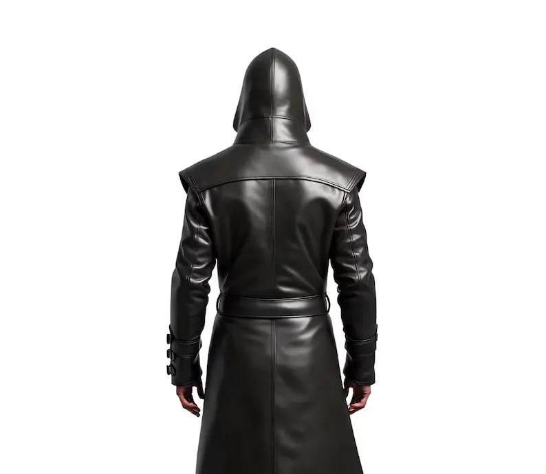 The Ghost Walker - Black Leather Creed Inspired Hooded Coat - Pure Cowhide Leather Steampunk Long Coat For Cosplay - Leather Winter Medieval Cosplay OverCoat