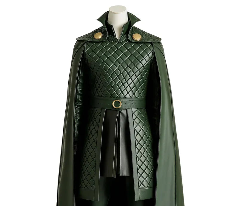 The Trickster King - Genuine Green Leather Loki Odin Cosplay Costume - Leather Superhero Quilted Cloak With Vest - Festival Leather Outfit - Halloween Costume