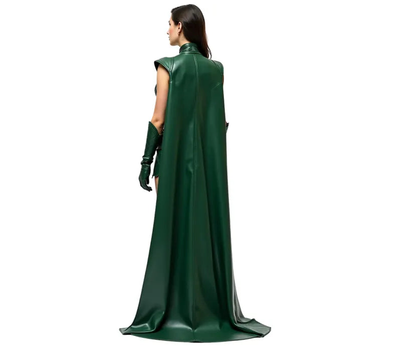 The Enchantress of Fate - Pure Green Leather Female Loki Odin Inspired Costume - Leather Superhero Cloak With Top - Festival Leather Outfit - Halloween Costume