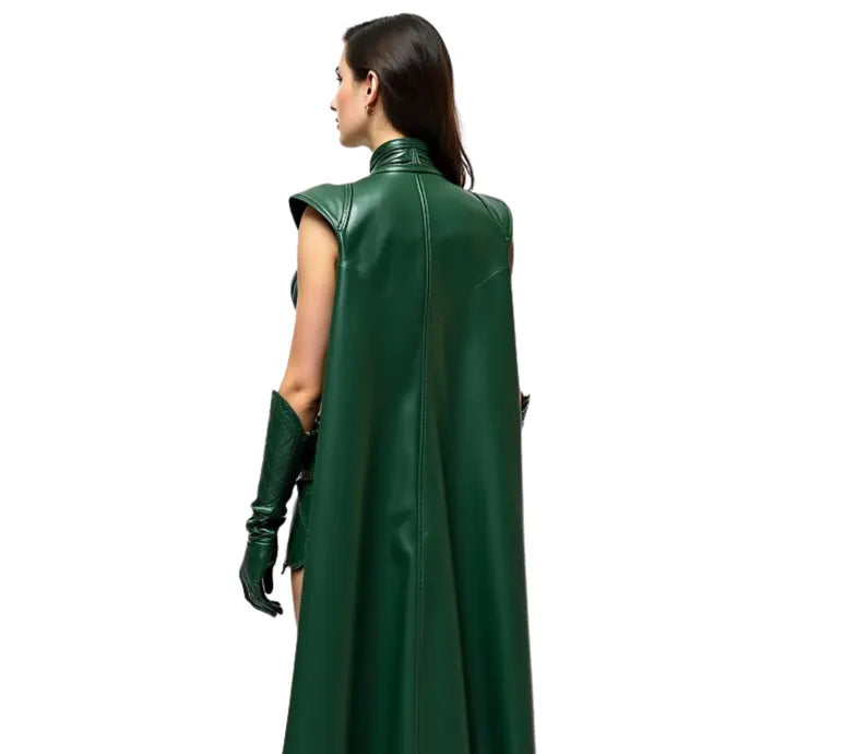 The Enchantress of Fate - Pure Green Leather Female Loki Odin Inspired Costume - Leather Superhero Cloak With Top - Festival Leather Outfit - Halloween Costume