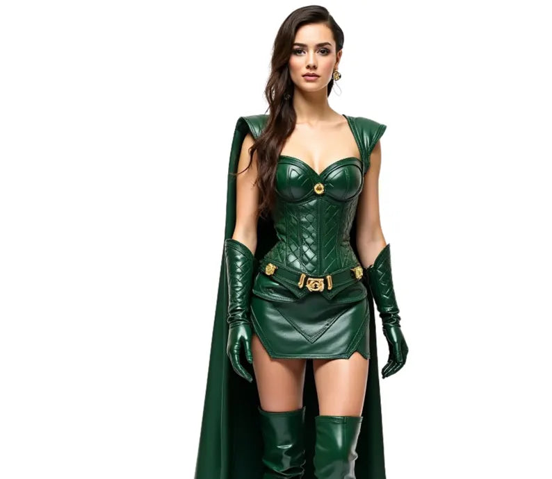 The Enchantress of Fate - Pure Green Leather Female Loki Odin Inspired Costume - Leather Superhero Cloak With Top - Festival Leather Outfit - Halloween Costume