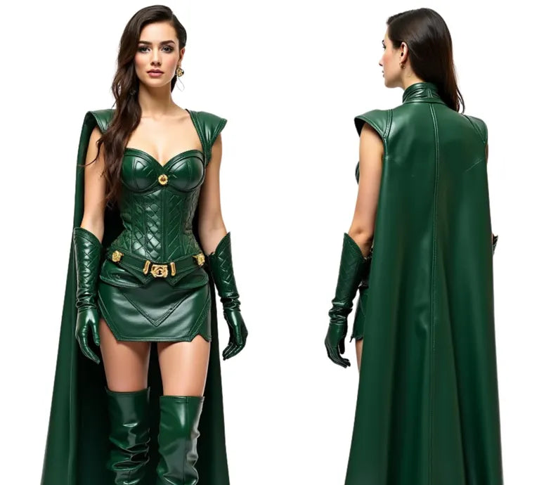 The Enchantress of Fate - Pure Green Leather Female Loki Odin Inspired Costume - Leather Superhero Cloak With Top - Festival Leather Outfit - Halloween Costume