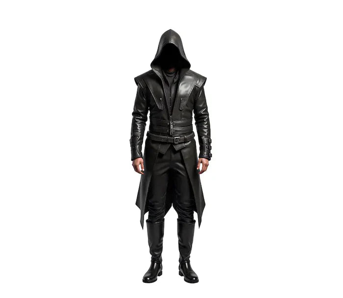 The Ghost Walker - Black Leather Creed Inspired Hooded Coat - Pure Cowhide Leather Steampunk Long Coat For Cosplay - Leather Winter Medieval Cosplay OverCoat