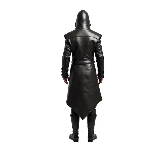 The Ghost Walker - Black Leather Creed Inspired Hooded Coat - Pure Cowhide Leather Steampunk Long Coat For Cosplay - Leather Winter Medieval Cosplay OverCoat