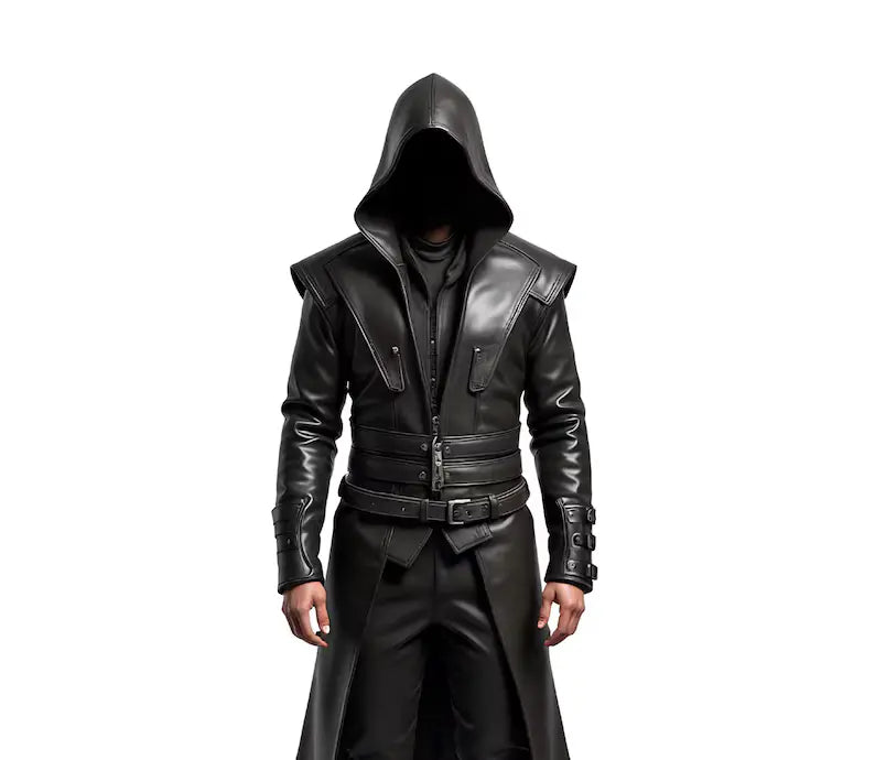 The Ghost Walker - Black Leather Creed Inspired Hooded Coat - Pure Cowhide Leather Steampunk Long Coat For Cosplay - Leather Winter Medieval Cosplay OverCoat