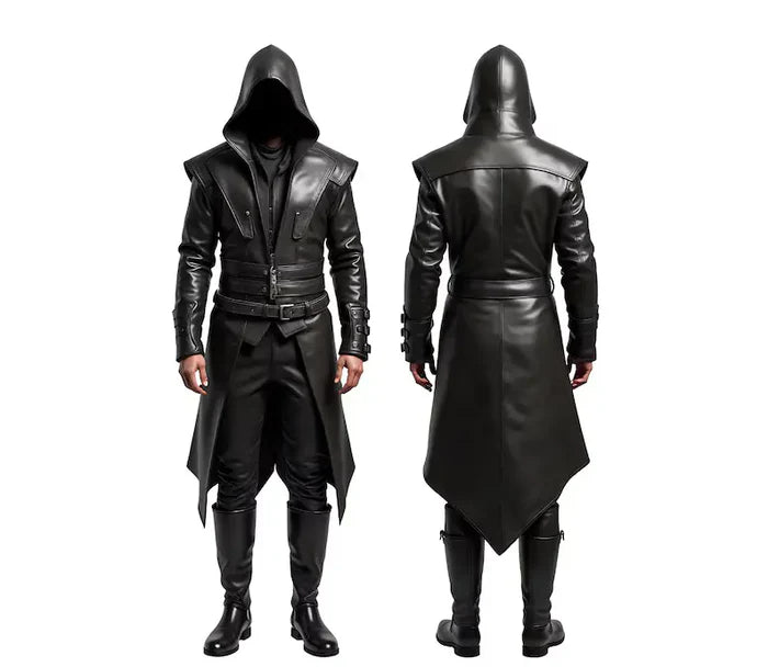 The Ghost Walker - Black Leather Creed Inspired Hooded Coat - Pure Cowhide Leather Steampunk Long Coat For Cosplay - Leather Winter Medieval Cosplay OverCoat