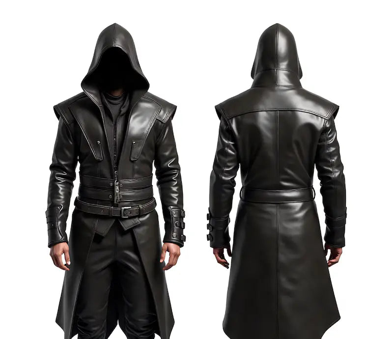 The Ghost Walker - Black Leather Creed Inspired Hooded Coat - Pure Cowhide Leather Steampunk Long Coat For Cosplay - Leather Winter Medieval Cosplay OverCoat