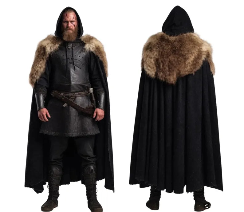 The Shadowborn Jarl - Handmade Suede Leather Medieval Hooded Fur Cloak - Leather Viking Vest Cosplay - Pure Leather Festival Outfit Costume