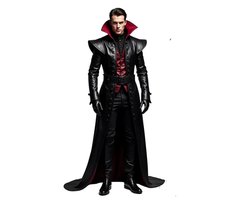 The Blood Oath - Genuine Black Leather Dracula Inspired Coat - Cowhide Leather Steampunk Long Coat - Leather Medieval OverCoat For Cosplay