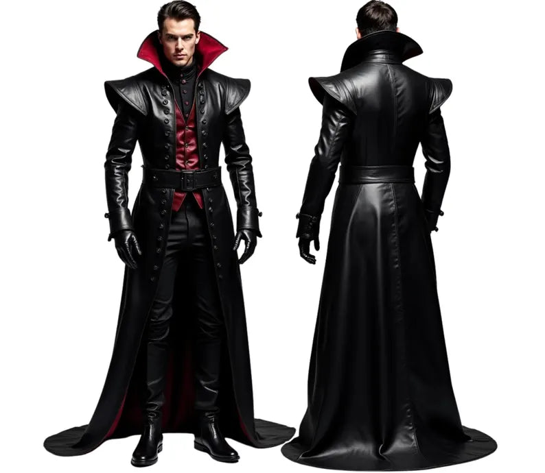 The Blood Oath - Genuine Black Leather Dracula Inspired Coat - Cowhide Leather Steampunk Long Coat - Leather Medieval OverCoat For Cosplay