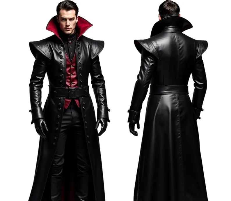 The Blood Oath - Genuine Black Leather Dracula Inspired Coat - Cowhide Leather Steampunk Long Coat - Leather Medieval OverCoat For Cosplay