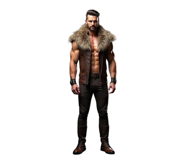 Cowhide Leather LARP Sleeveless Fur Vest -Leather Festival Outfit For Cosplay