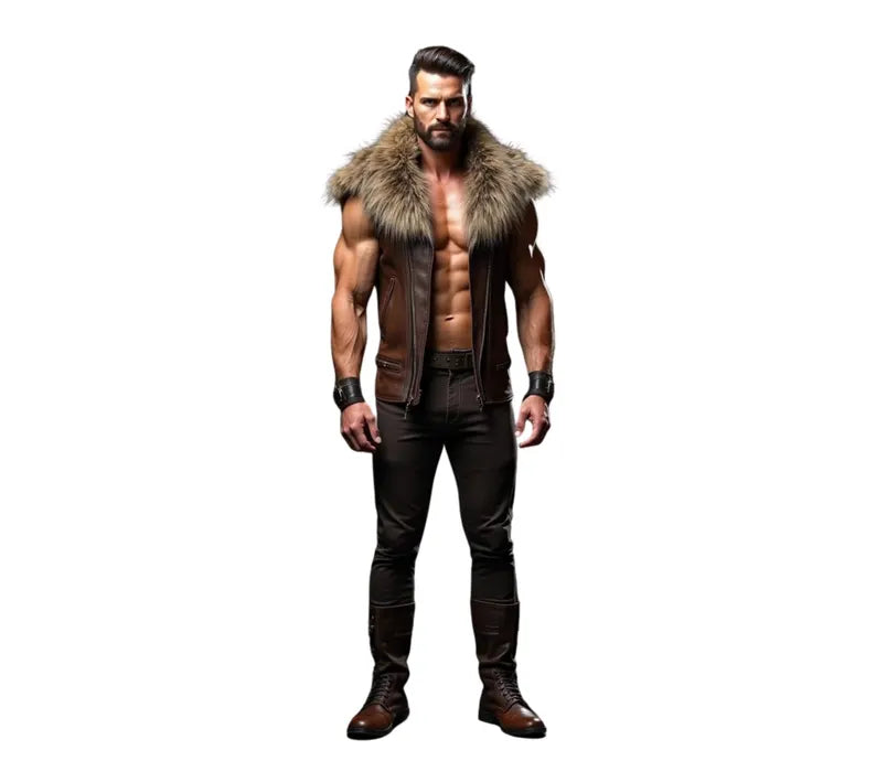 The Lone Alpha - Handmade Brown Leather Medieval Viking Vest - Cowhide Leather LARP Sleeveless Fur Vest -Leather Festival Outfit For Cosplay