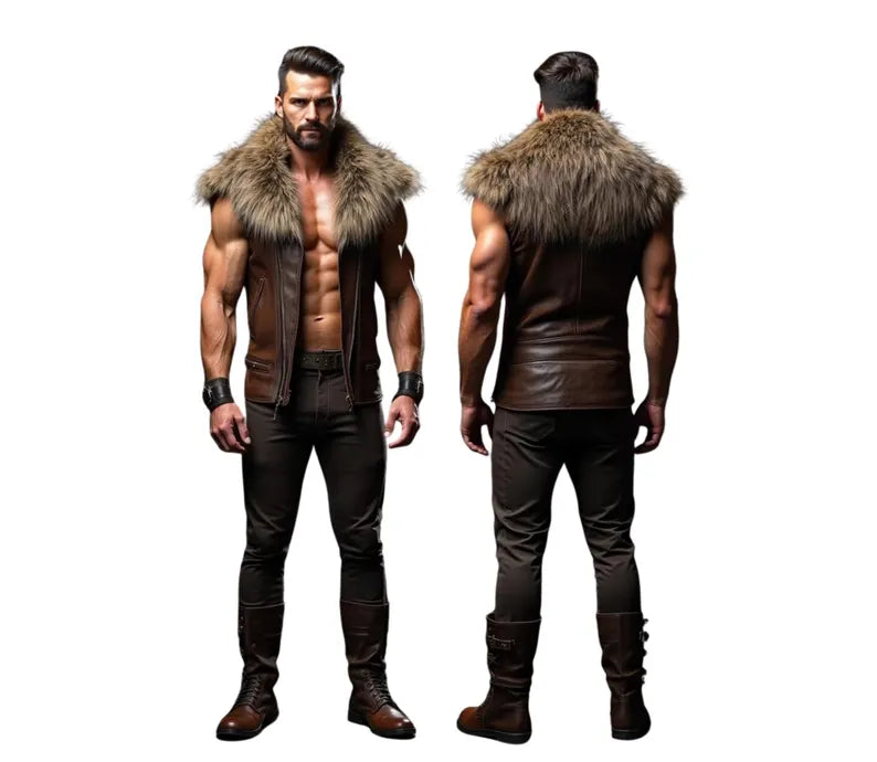 The Lone Alpha - Handmade Brown Leather Medieval Viking Vest - Cowhide Leather LARP Sleeveless Fur Vest -Leather Festival Outfit For Cosplay