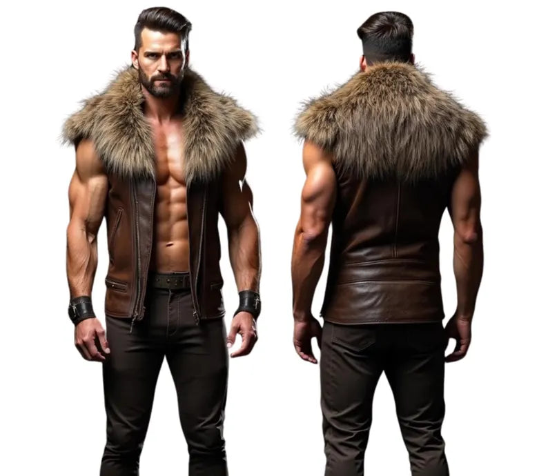 The Lone Alpha - Handmade Brown Leather Medieval Viking Vest - Cowhide Leather LARP Sleeveless Fur Vest -Leather Festival Outfit For Cosplay