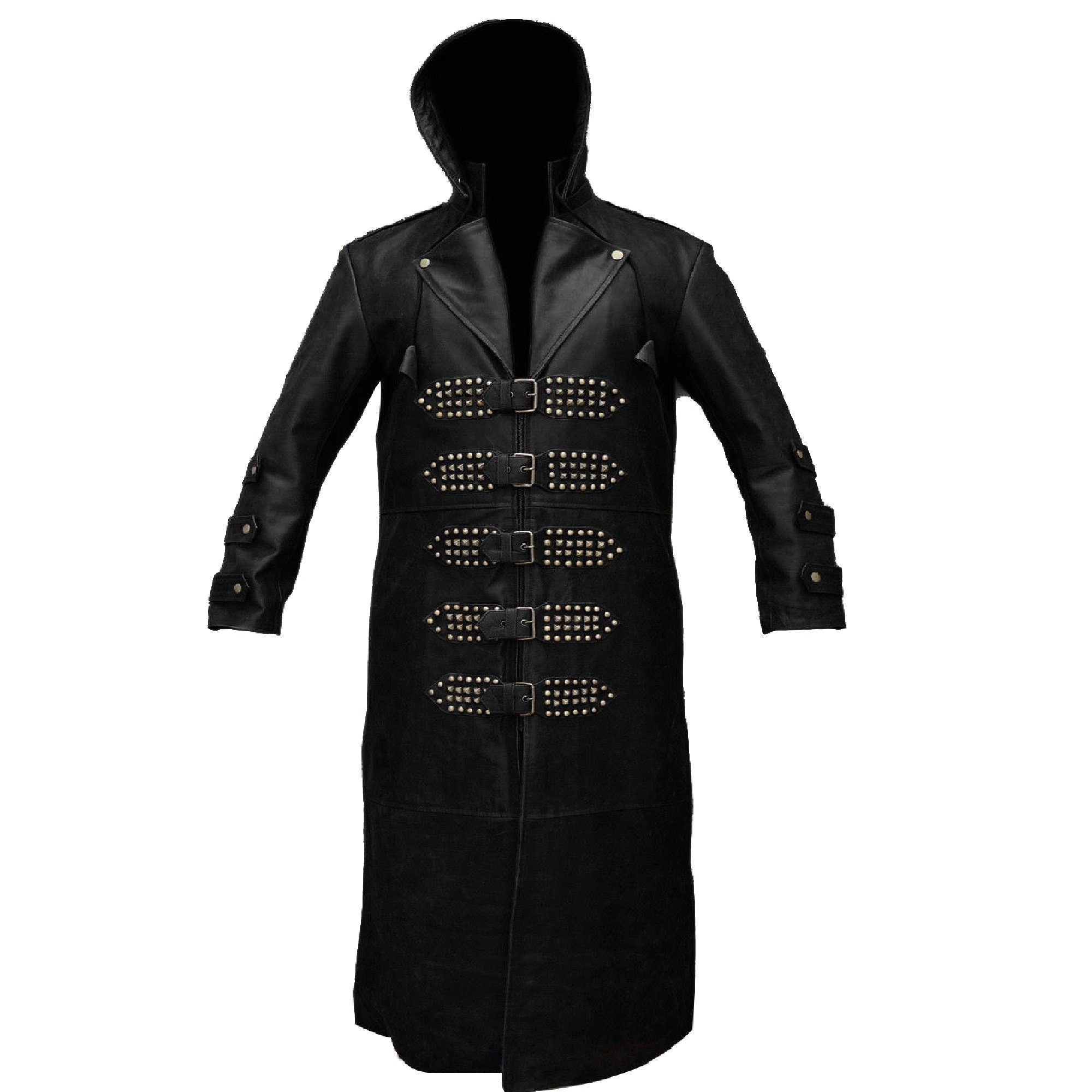 long black leather trench coat with hood for men - mens alternative fashion - steampunk gothic coat - women coat - hooded leather coat costume for cosplay, ren faire, halloween, theme parties, larp, role play - Creed Leather