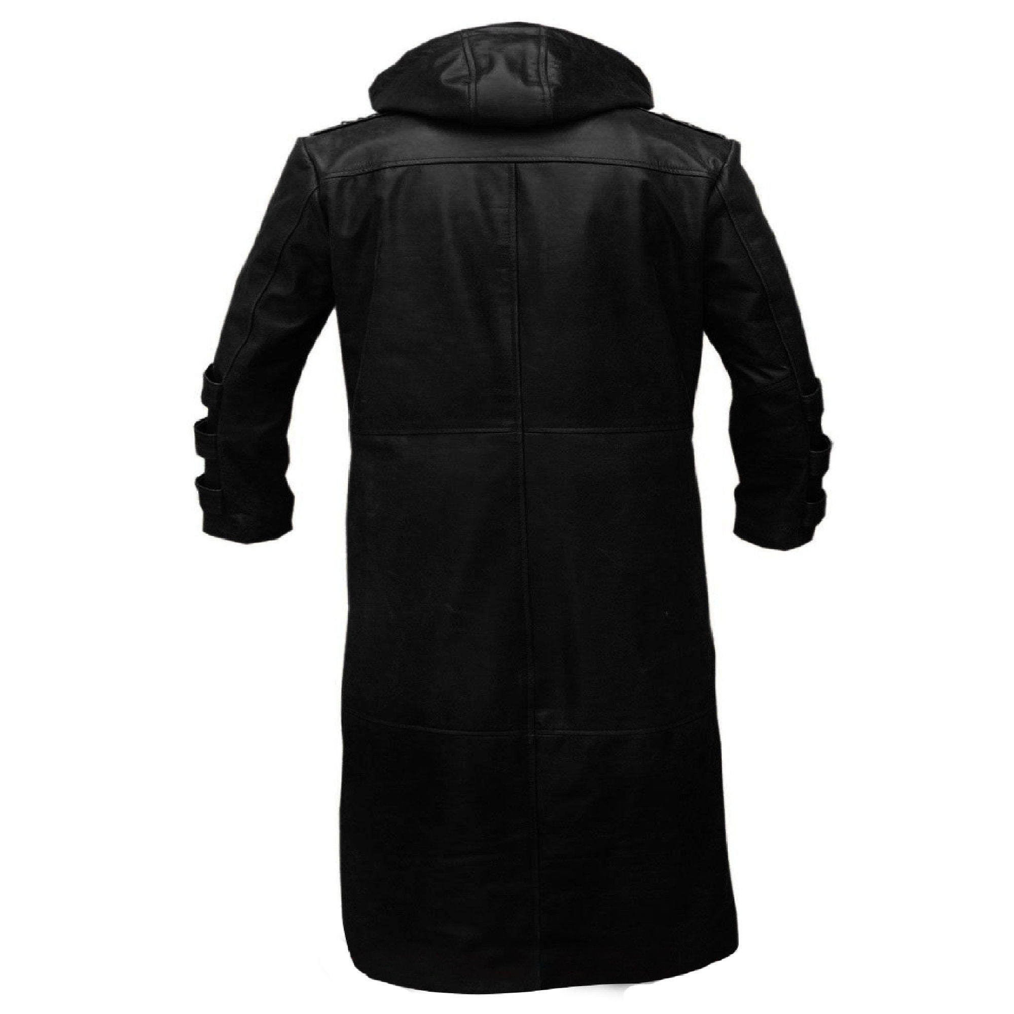 Back view of long leather trench coat in black - hooded leather coat - alternative clothing for men and women - Creed Leather