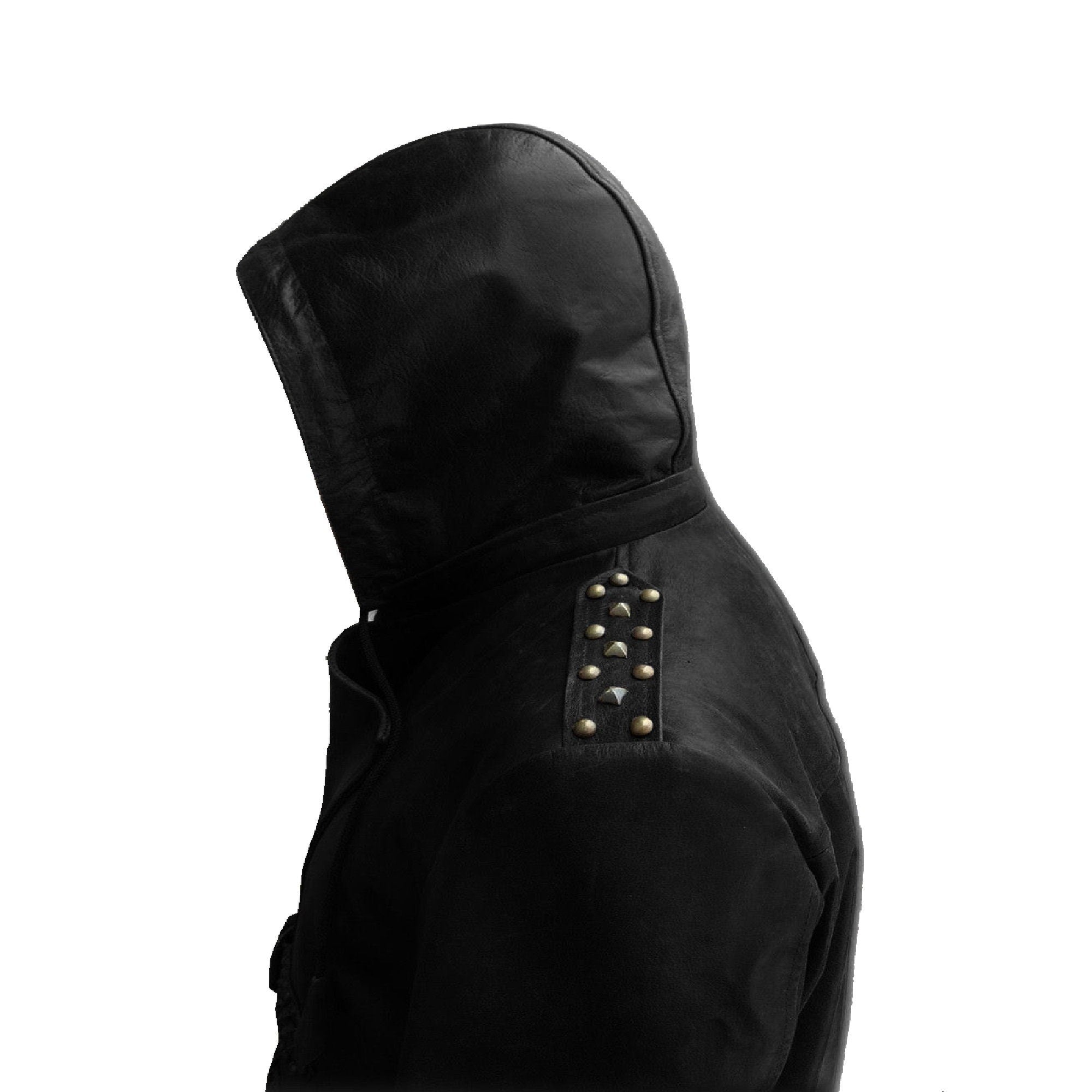 side view of long leather trench coat in black - hooded leather coat - alternative clothing for men and women - Creed Leather