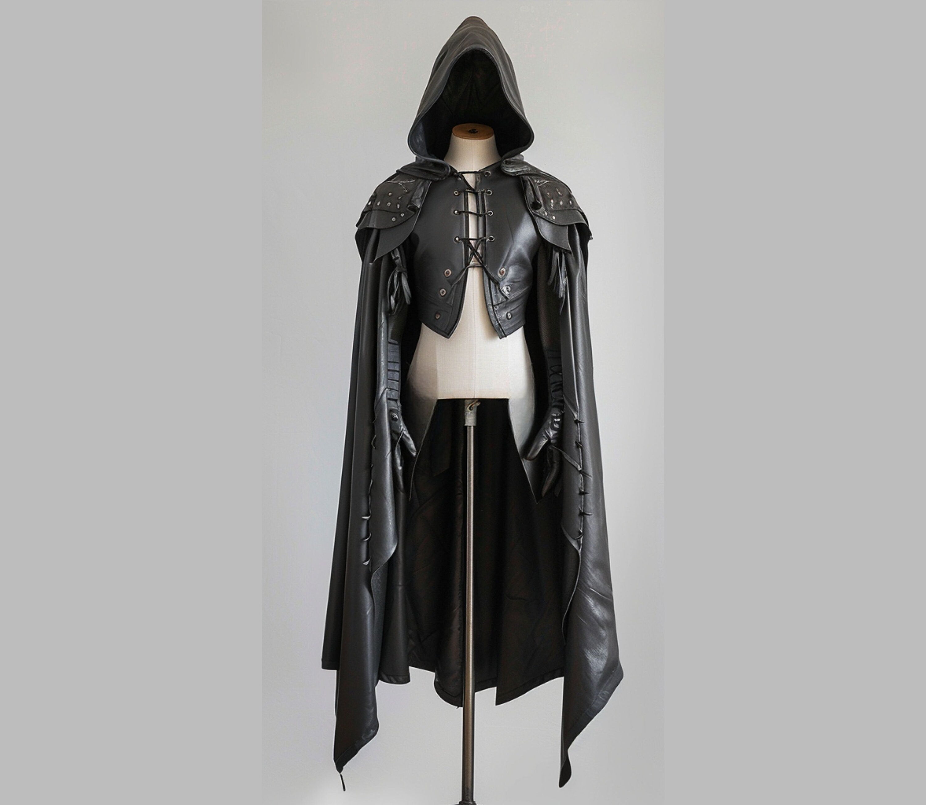 black leather hooded cloak for fantasy cosplay and larp - gothic steampunk assassin cloak outfit - creed leather